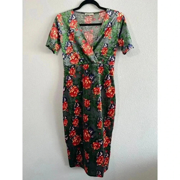 Zara Trafaluc Floral Velvet V Neck Midi Dress M - Picture 8 of 10